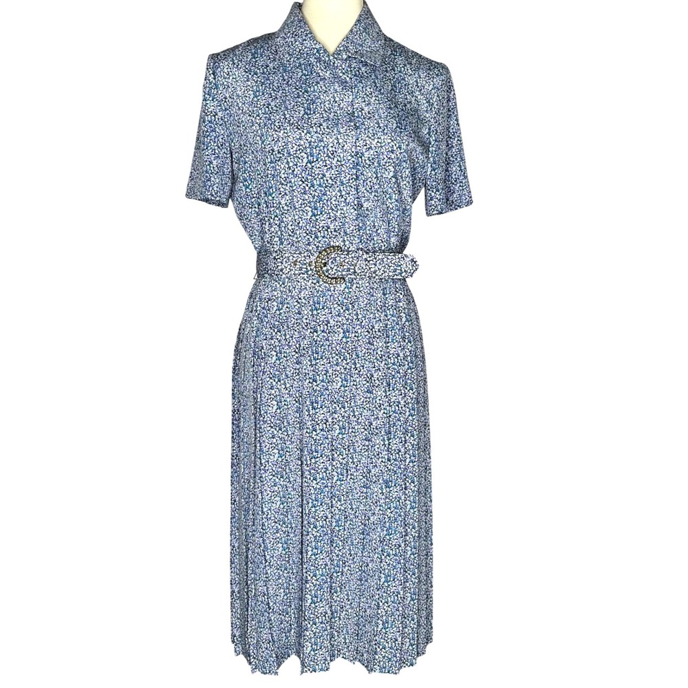 VTG Leslie Fay Petite Floral Pleated Midi Shirt Dress Blue Purple Belted Size 6P
